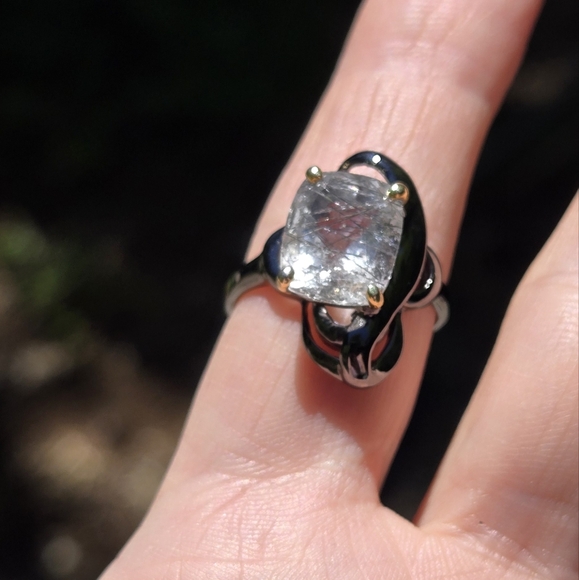 Rutilated Quartz 5k emerald cushion cut sterling rhodium & gold ring sz9 - Picture 5 of 9